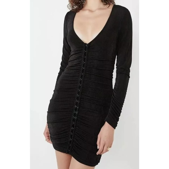 Free People Bardot Dress V Neck Ruched Long Sleeve Mini Bodycon Size S Black - Picture 5 of 5